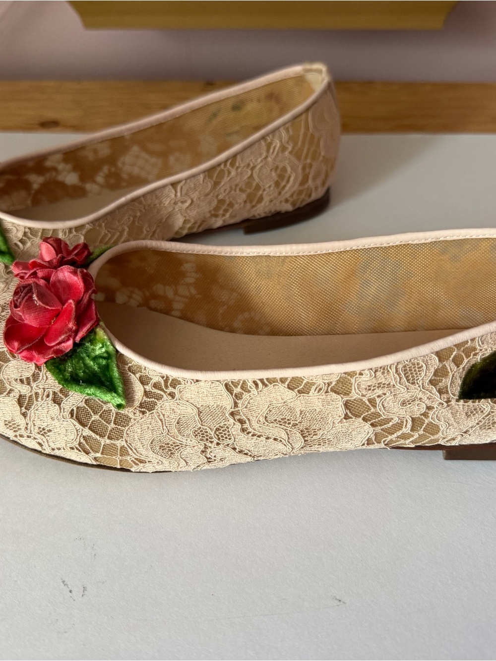Dolce & Gabbana Beige Lace Ballet Flats with Pink Trim and Red Floral Appliqué - Picture 7 of 17